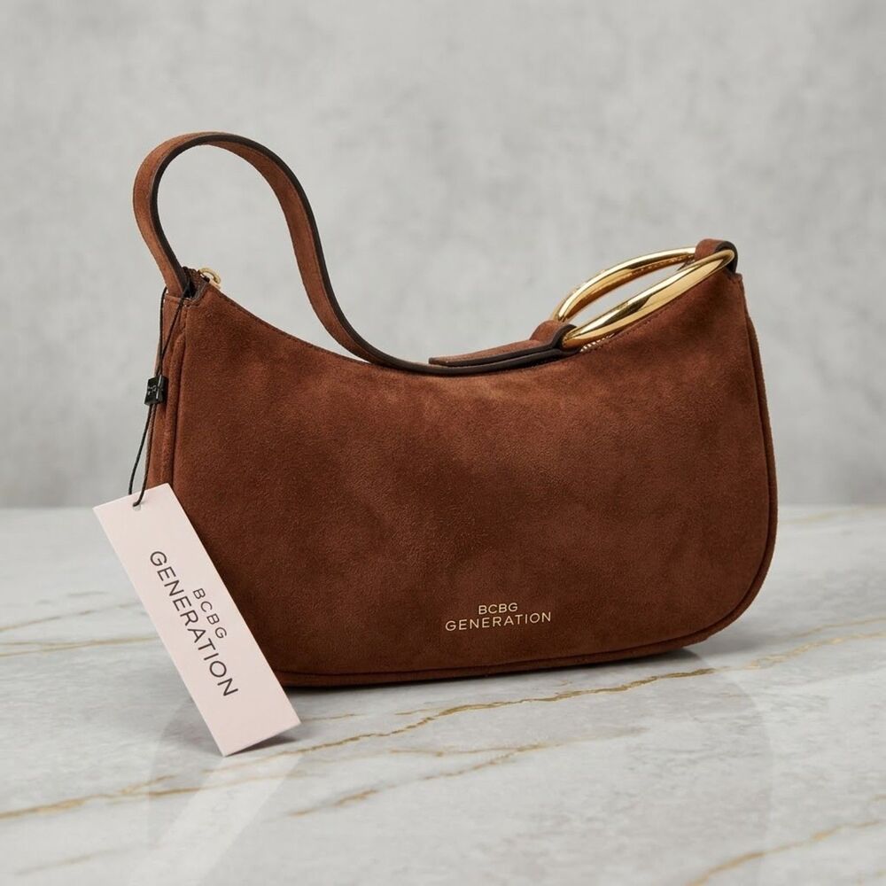 NWT BCBGeneration Caramel Suede Crescent Shoulder Bag Gold Hardware